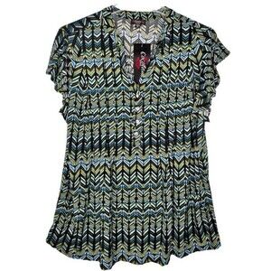 NWT Cocomo Plus Size 3X Blue Green Pintuck Short Flutter Sleeve Top